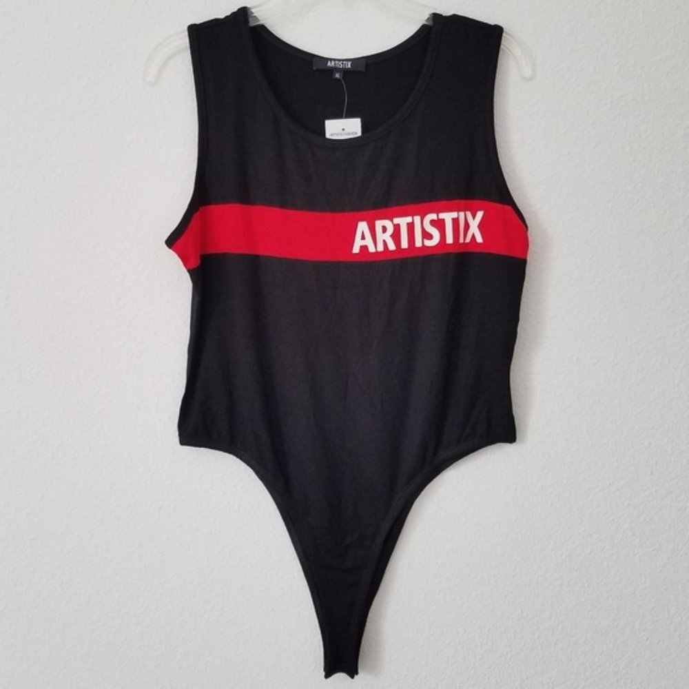 Artistix Womens Chest-Stripe Logo Bodysuit, Stretch- Black L $79 B4HP